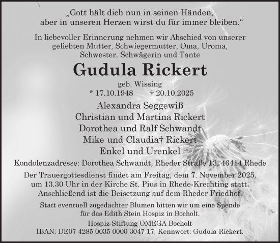 Traueranzeige von Gudula Rickert 