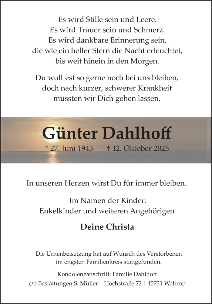  Traueranzeige für Günter Dahlhoff vom 25.10.2025 aus Trauer Vest