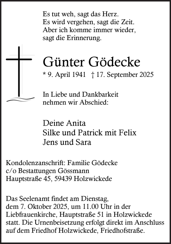 Traueranzeige von Günter Gödecke von Hellweger Anzeiger