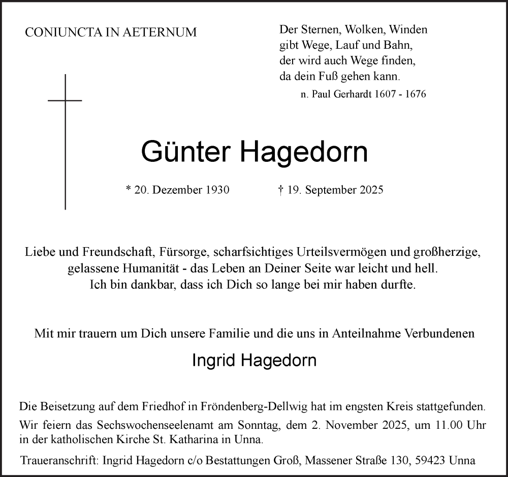  Traueranzeige für Günter Hagedorn vom 04.10.2025 aus Hellweger Anzeiger