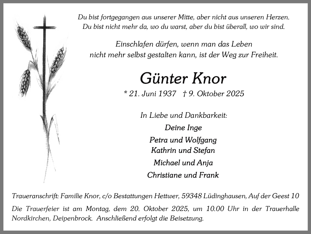  Traueranzeige für Günter Knor vom 18.10.2025 aus Ruhr Nachrichten