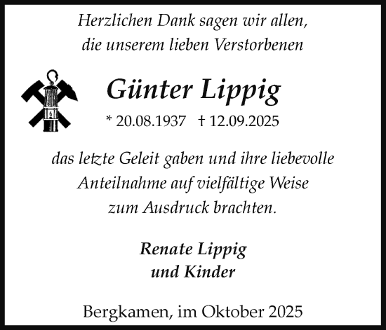 Traueranzeige von Günter Lippig von Hellweger Anzeiger