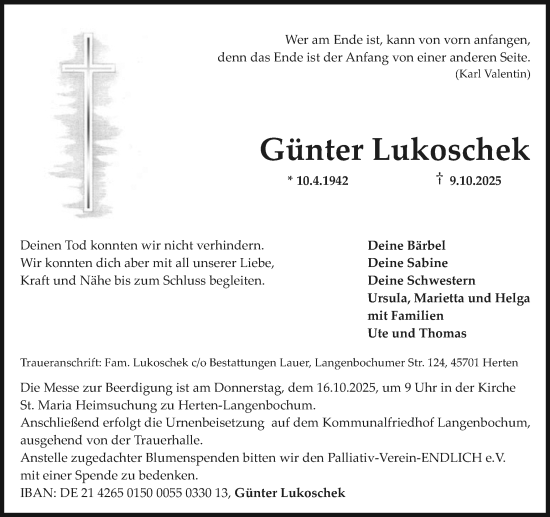 Traueranzeige von Günter Lukoschek von Trauer Vest