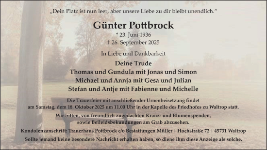 Traueranzeige von Günter Pottbrock von Trauer Vest