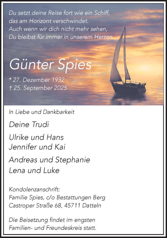 Traueranzeige von Günter Spies von Trauer Vest