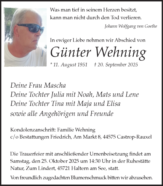 Traueranzeige von Günter Wehning von Ruhr Nachrichten