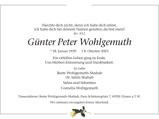 Traueranzeige von Günter Peter Wohlgemuth von Ruhr Nachrichten