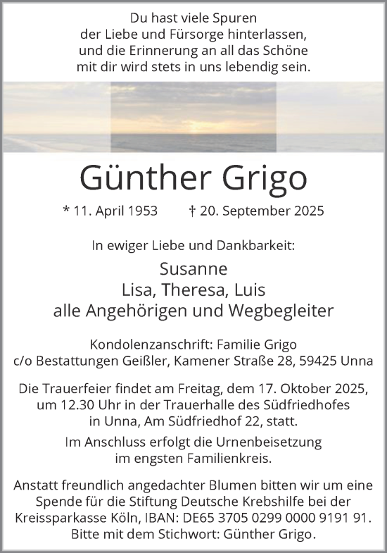 Traueranzeige von Günther Grigo von Hellweger Anzeiger