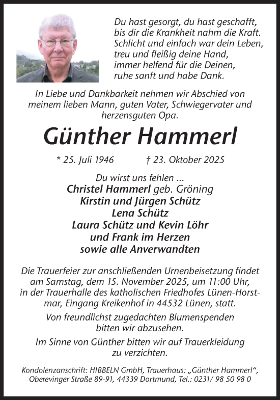 Traueranzeige von Günther Hammerl von Lüner Anzeiger