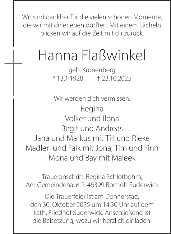 Traueranzeige von Hanna Flaßwinkel 