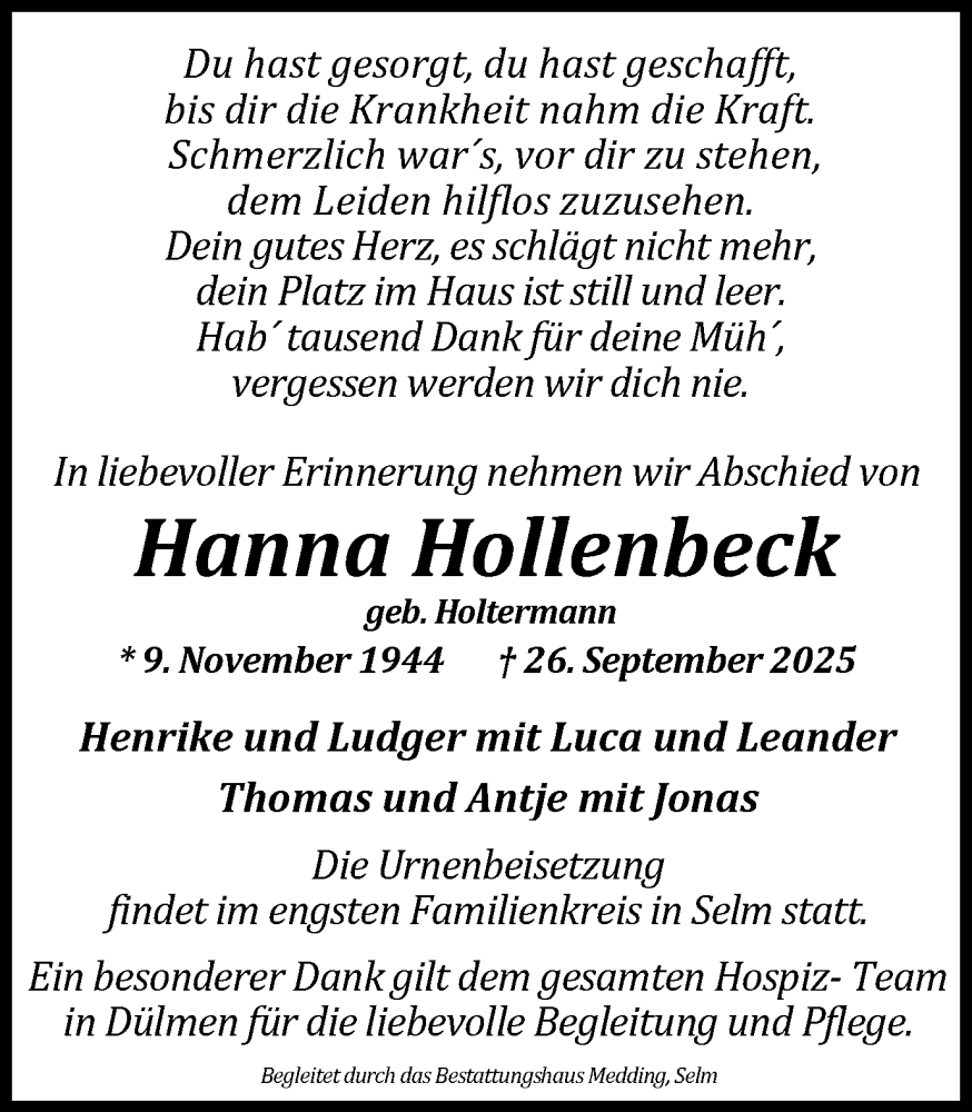  Traueranzeige für Hanna Hollenbeck vom 04.10.2025 aus Ruhr Nachrichten
