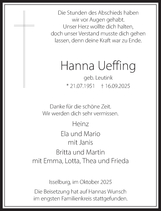 Traueranzeige von Hanna Ueffing 