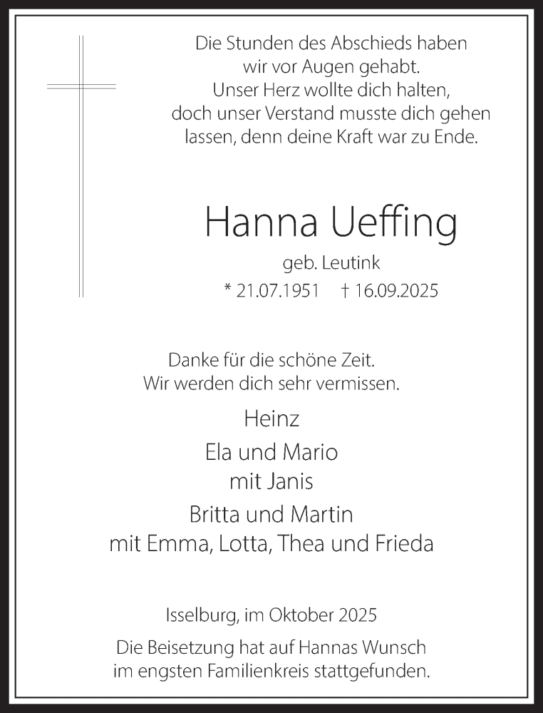  Traueranzeige für Hanna Ueffing vom 11.10.2025 aus 