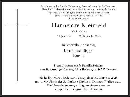 Traueranzeige von Hannelore Kleinfeld von Ruhr Nachrichten und Dorstener Zeitung