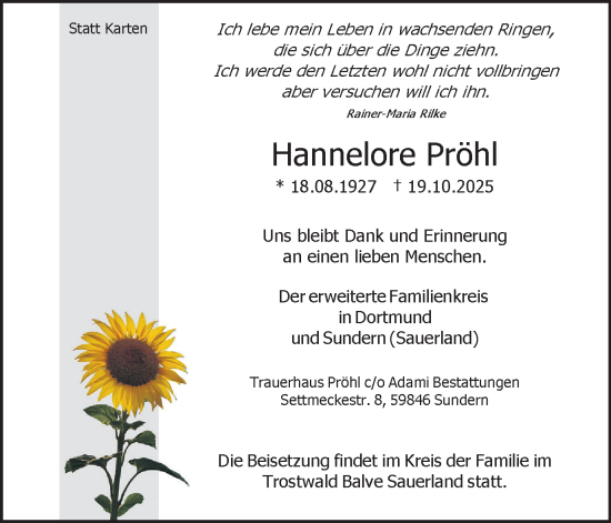 Traueranzeige von Hannelore Pröhl von Ruhr Nachrichten