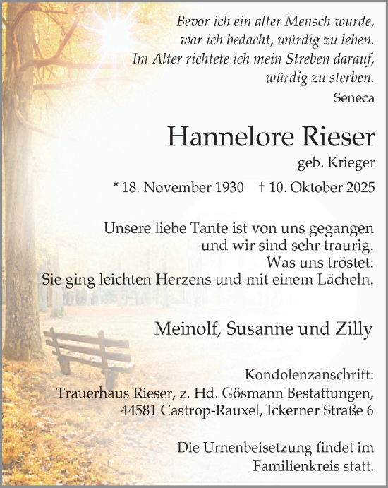 Traueranzeige von Hannelore Rieser von Stadtanzeiger Castrop-Rauxel