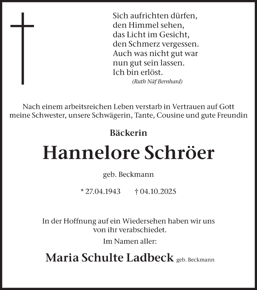  Traueranzeige für Hannelore Schröer vom 18.10.2025 aus Trauer Vest