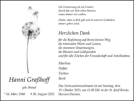 Traueranzeige von Hanni Graßhoff von Ruhr Nachrichten und Dorstener Zeitung