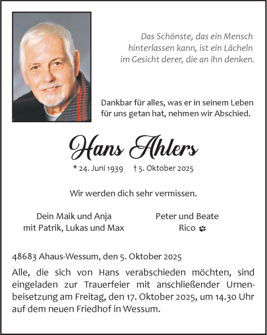 Traueranzeige von Hans Ahlers von Münsterland Zeitung