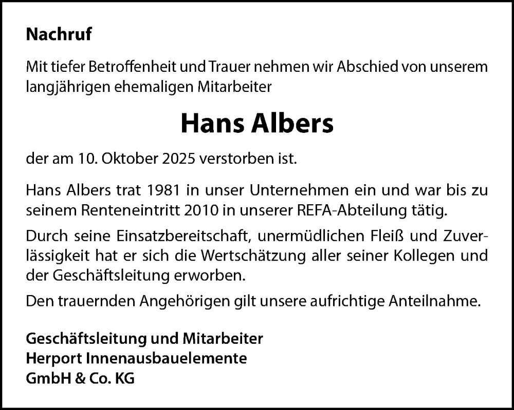  Traueranzeige für Hans Albers vom 23.10.2025 aus Münsterland Zeitung