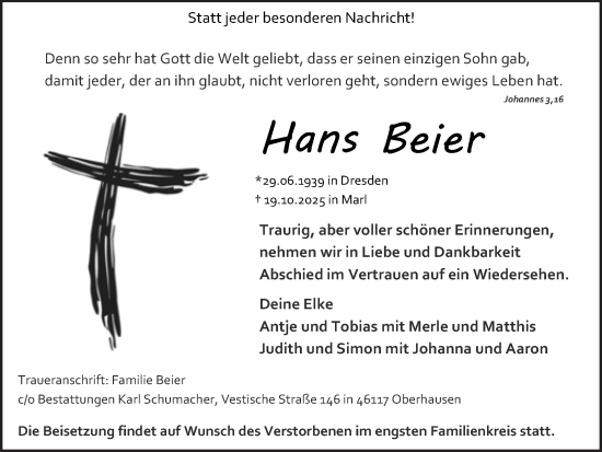 Traueranzeige von Hans Beier von Trauer Vest