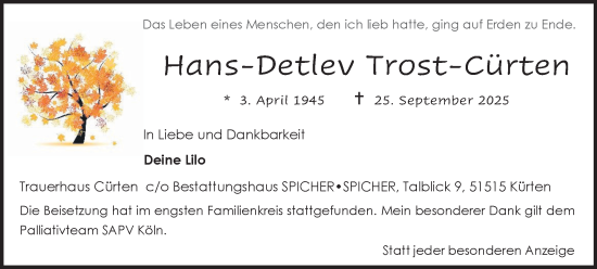 Traueranzeige von Hans-Detlev Trost-Cürten von Hellweger Anzeiger