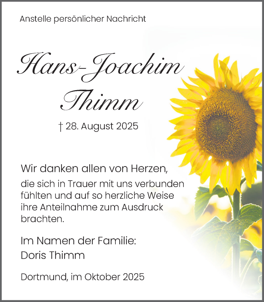  Traueranzeige für Hans-Joachim Thimm vom 18.10.2025 aus Ruhr Nachrichten