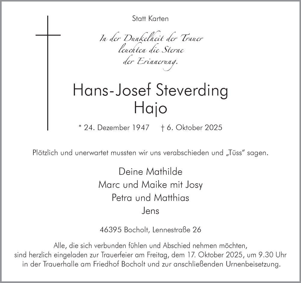  Traueranzeige für Hans-Josef Steverding vom 11.10.2025 aus 