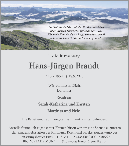Traueranzeige von Hans-Jürgen Brandt von Hellweger Anzeiger