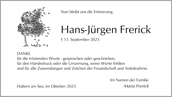 Traueranzeige von Hans-Jürgen Frerick von Ruhr Nachrichten und Halterner Zeitung