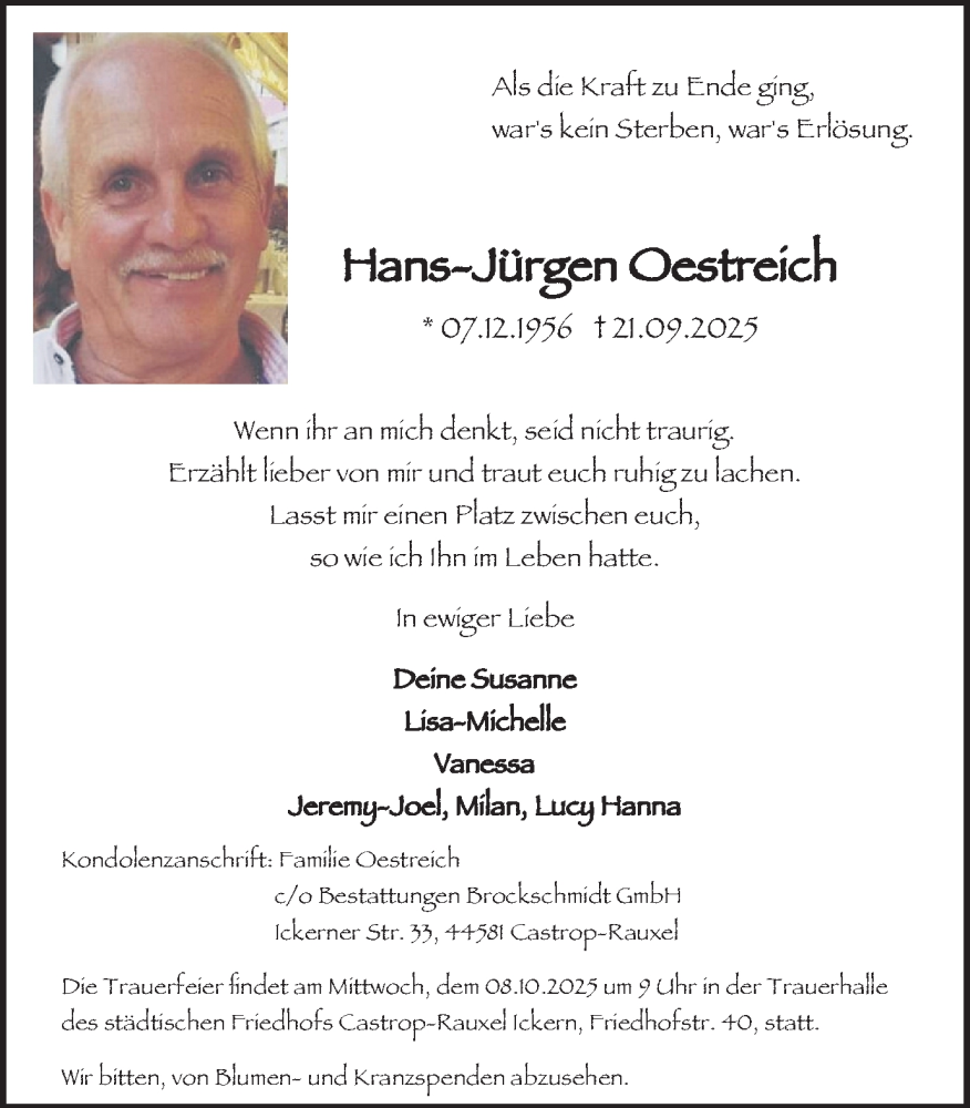  Traueranzeige für Hans-Jürgen Oestreich vom 04.10.2025 aus Stadtanzeiger Castrop-Rauxel