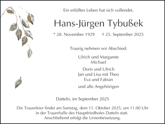 Traueranzeige von Hans-Jürgen Tybußek von Trauer Vest