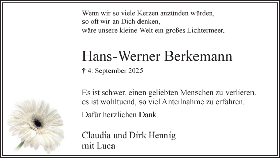 Traueranzeige von Hans-Werner Berkemann von Hellweger Anzeiger