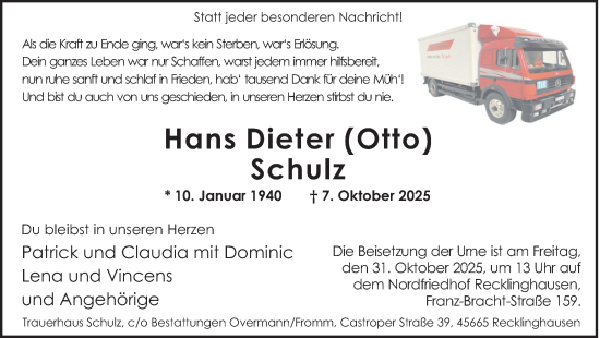 Traueranzeige von Hans Dieter Schulz von Trauer Vest