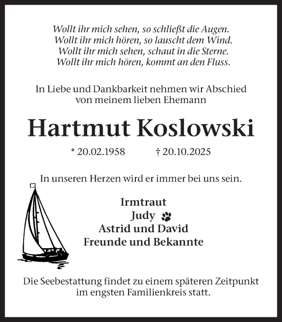 Traueranzeige von Hartmut Koslowski von Trauer Vest