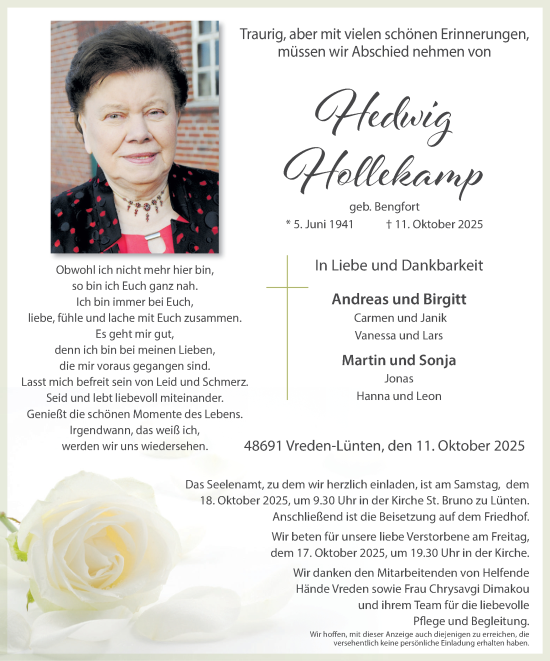 Traueranzeige von Hedwig Hollekamp von Münsterland Zeitung