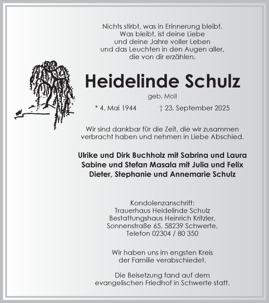 Traueranzeige von Heidelinde Schulz von Ruhr Nachrichten