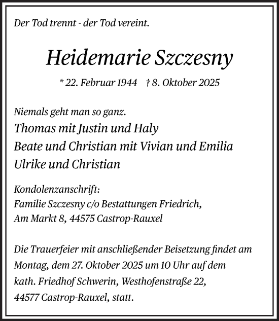 Traueranzeige von Heidemarie Szczesny von Stadtanzeiger Castrop-Rauxel