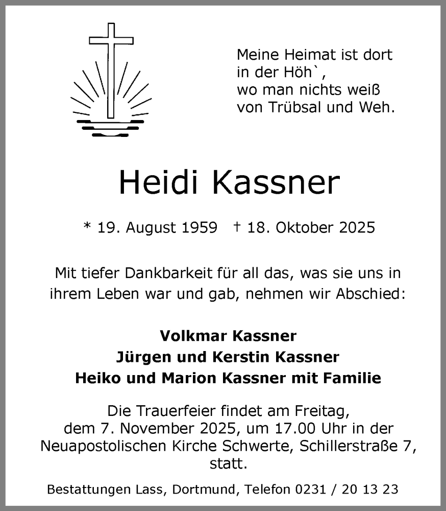  Traueranzeige für Heidi Kassner vom 25.10.2025 aus Ruhr Nachrichten
