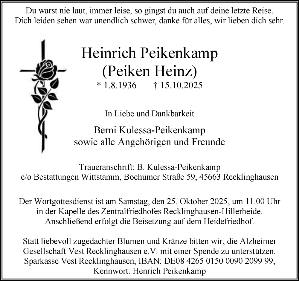  Traueranzeige für Heinrich Peikenkamp vom 18.10.2025 aus Trauer Vest