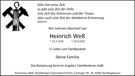 Traueranzeige von Heinrich Weß von Trauer Vest