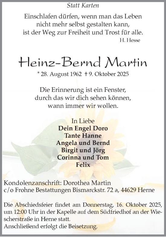 Traueranzeige von Heinz-Bernd Martin von Trauer Vest