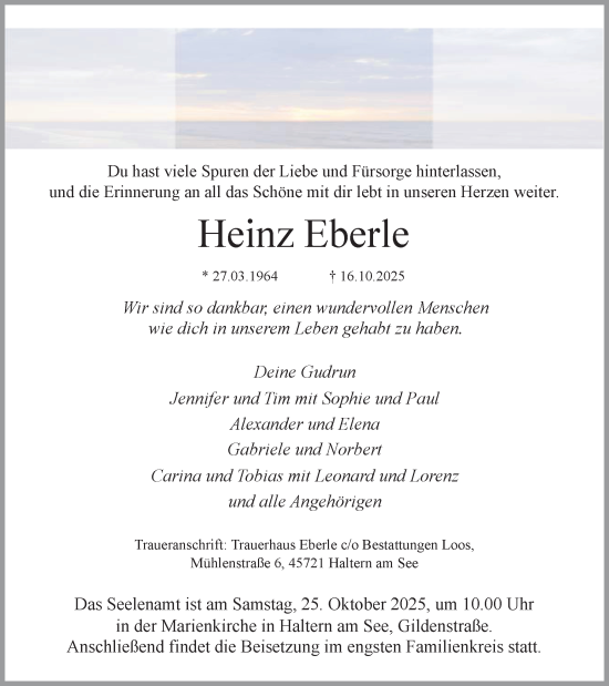 Traueranzeige von Heinz Eberle von Ruhr Nachrichten und Halterner Zeitung