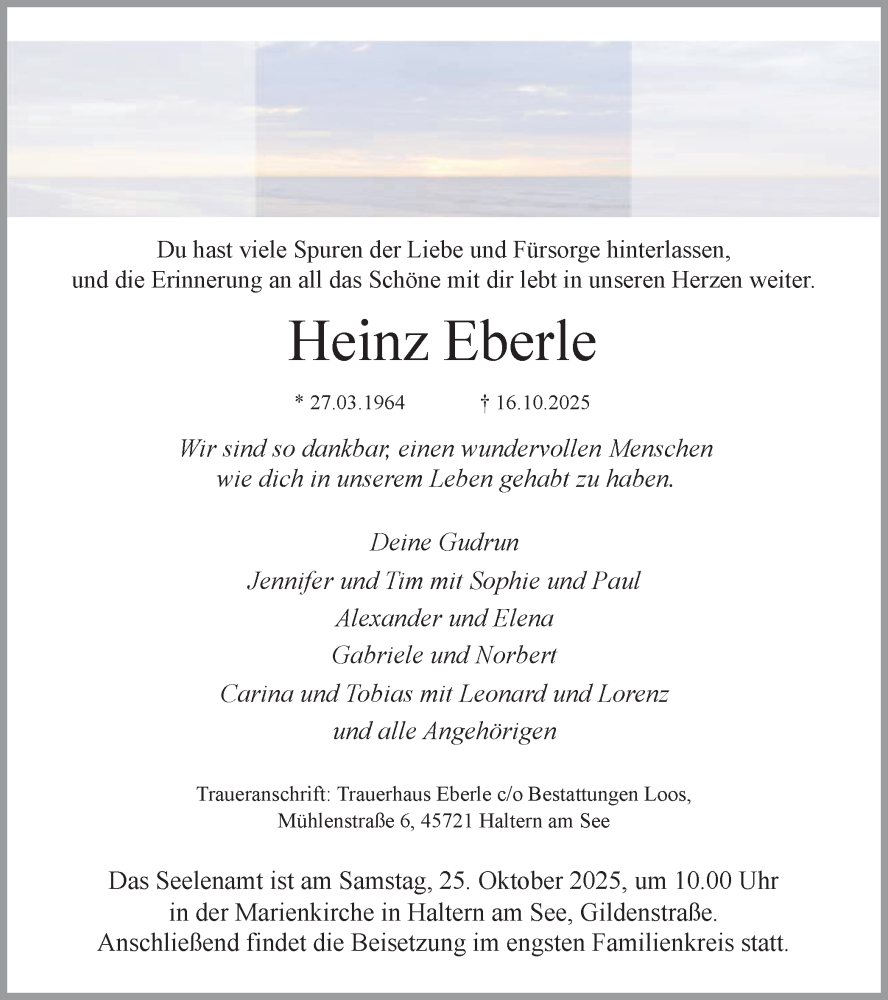  Traueranzeige für Heinz Eberle vom 21.10.2025 aus Ruhr Nachrichten und Halterner Zeitung
