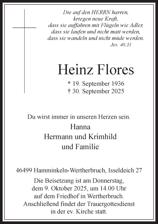 Traueranzeige von Heinz Flores 
