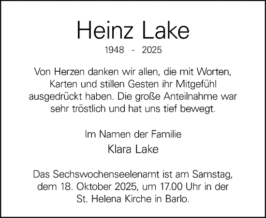 Traueranzeige von Heinz Lake 
