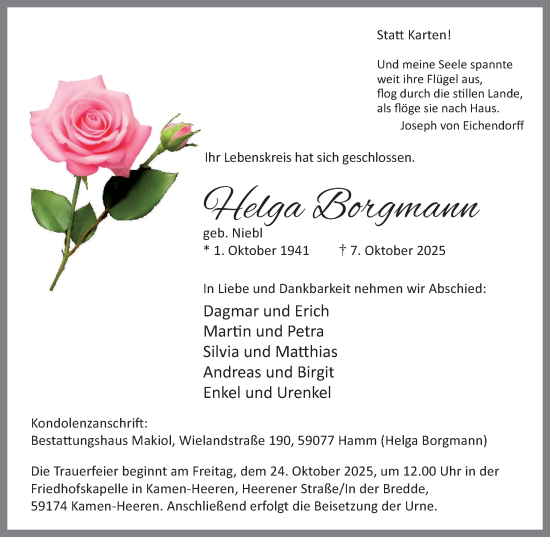 Traueranzeige von Helga Borgmann von Hellweger Anzeiger