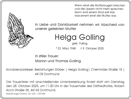 Traueranzeige von Helga Golling von Ruhr Nachrichten