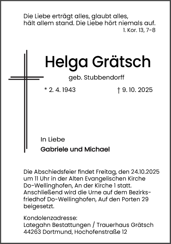 Traueranzeige von Helga Grätsch von Ruhr Nachrichten