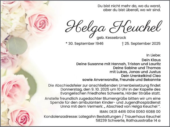 Traueranzeige von Helga Keuchel von Ruhr Nachrichten